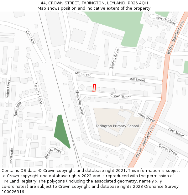 44, CROWN STREET, FARINGTON, LEYLAND, PR25 4QH: Location map and indicative extent of plot