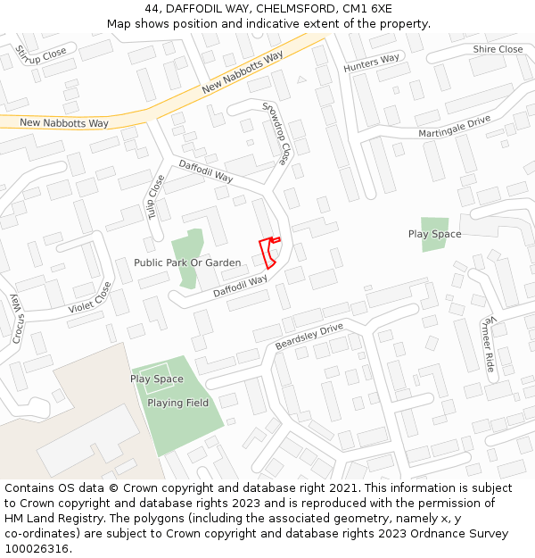 44, DAFFODIL WAY, CHELMSFORD, CM1 6XE: Location map and indicative extent of plot