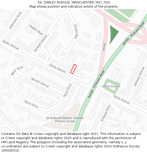 44, DARLEY AVENUE, MANCHESTER, M21 7GG: Location map and indicative extent of plot