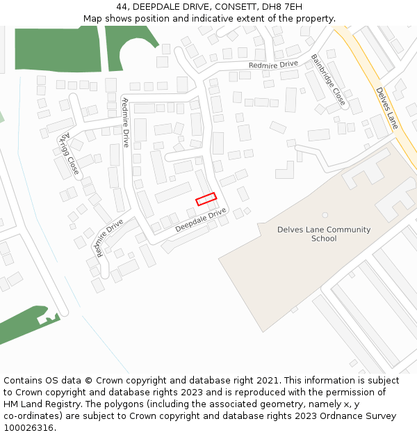 44, DEEPDALE DRIVE, CONSETT, DH8 7EH: Location map and indicative extent of plot