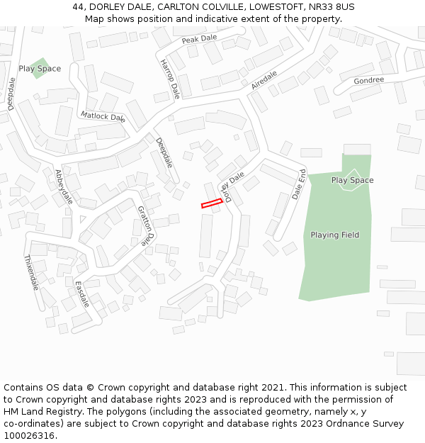 44, DORLEY DALE, CARLTON COLVILLE, LOWESTOFT, NR33 8US: Location map and indicative extent of plot