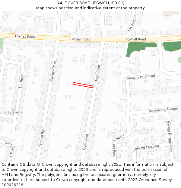 44, DOVER ROAD, IPSWICH, IP3 8JQ: Location map and indicative extent of plot