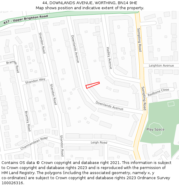 44, DOWNLANDS AVENUE, WORTHING, BN14 9HE: Location map and indicative extent of plot
