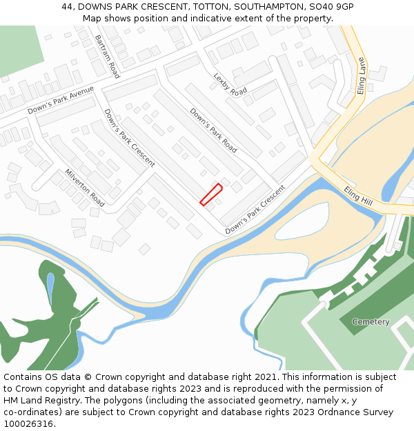 44, DOWNS PARK CRESCENT, TOTTON, SOUTHAMPTON, SO40 9GP: Location map and indicative extent of plot