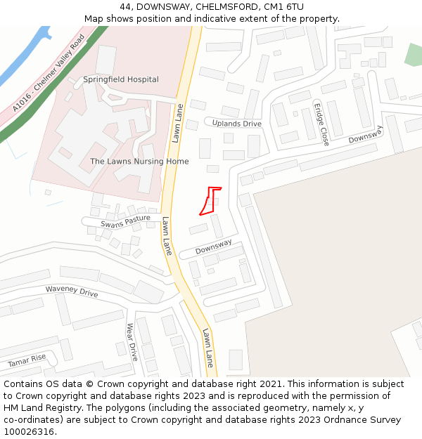 44, DOWNSWAY, CHELMSFORD, CM1 6TU: Location map and indicative extent of plot