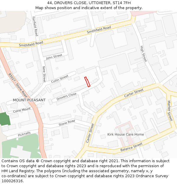 44, DROVERS CLOSE, UTTOXETER, ST14 7FH: Location map and indicative extent of plot