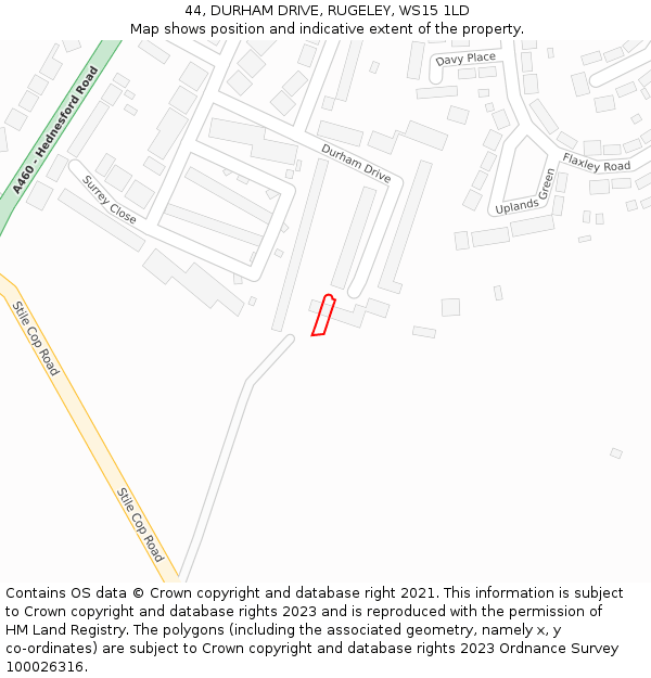 44, DURHAM DRIVE, RUGELEY, WS15 1LD: Location map and indicative extent of plot
