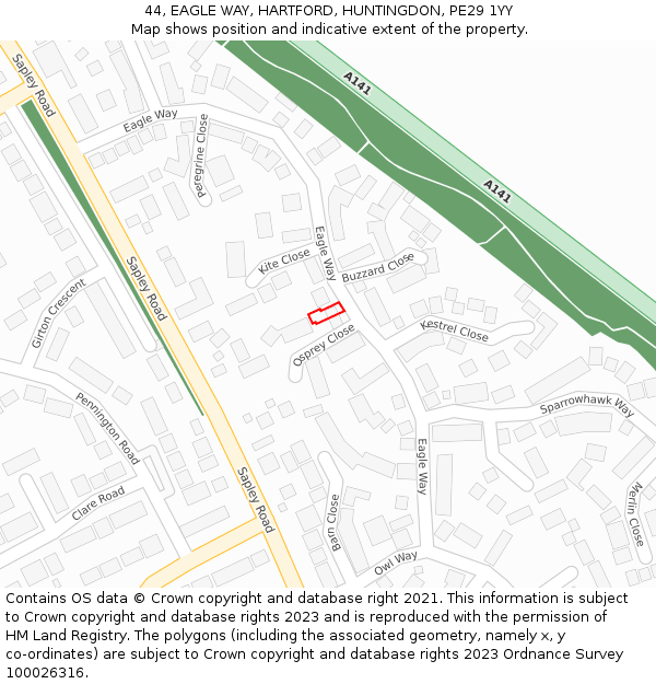 44, EAGLE WAY, HARTFORD, HUNTINGDON, PE29 1YY: Location map and indicative extent of plot