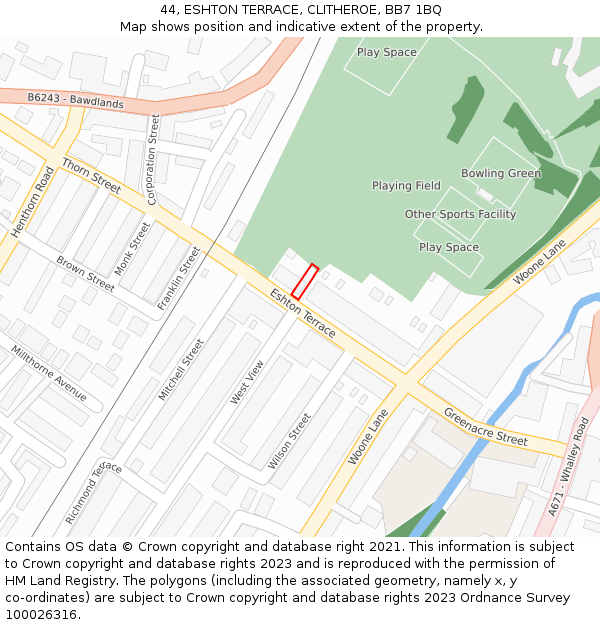 44, ESHTON TERRACE, CLITHEROE, BB7 1BQ: Location map and indicative extent of plot