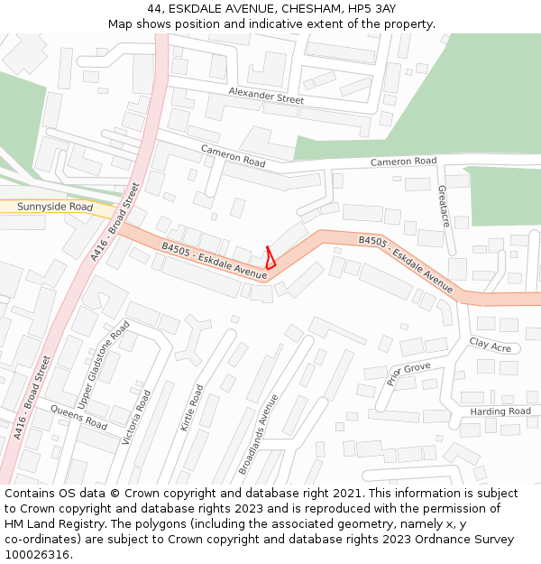 44, ESKDALE AVENUE, CHESHAM, HP5 3AY: Location map and indicative extent of plot
