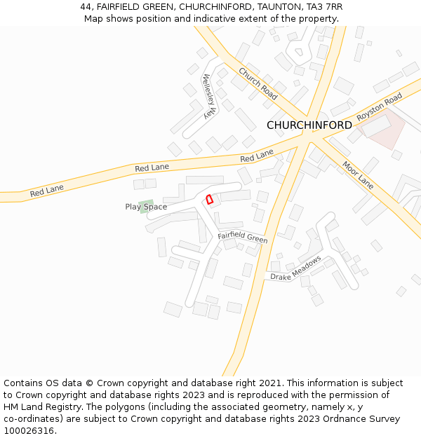 44, FAIRFIELD GREEN, CHURCHINFORD, TAUNTON, TA3 7RR: Location map and indicative extent of plot