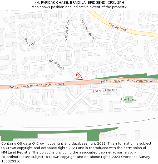 44, FAIROAK CHASE, BRACKLA, BRIDGEND, CF31 2PH: Location map and indicative extent of plot