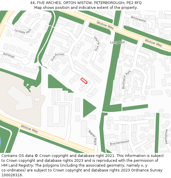 44, FIVE ARCHES, ORTON WISTOW, PETERBOROUGH, PE2 6FQ: Location map and indicative extent of plot