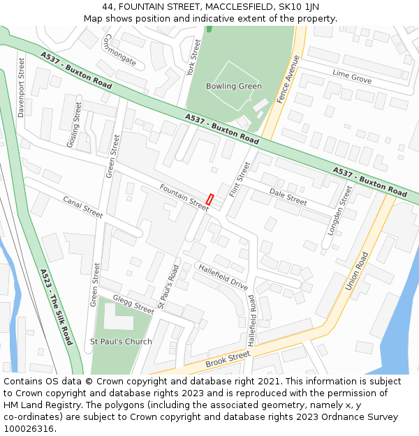 44, FOUNTAIN STREET, MACCLESFIELD, SK10 1JN: Location map and indicative extent of plot