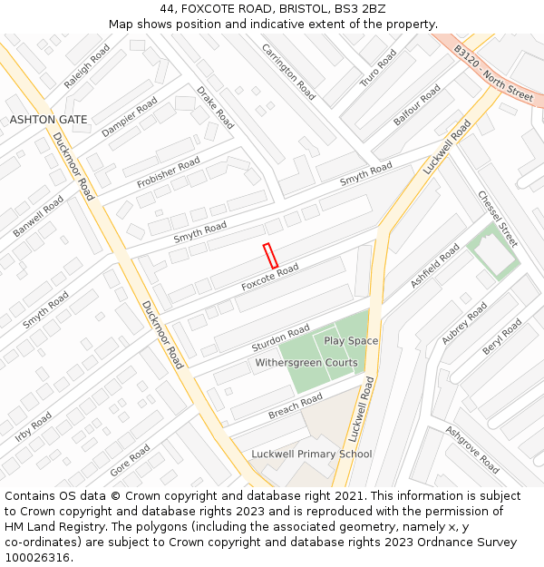 44, FOXCOTE ROAD, BRISTOL, BS3 2BZ: Location map and indicative extent of plot