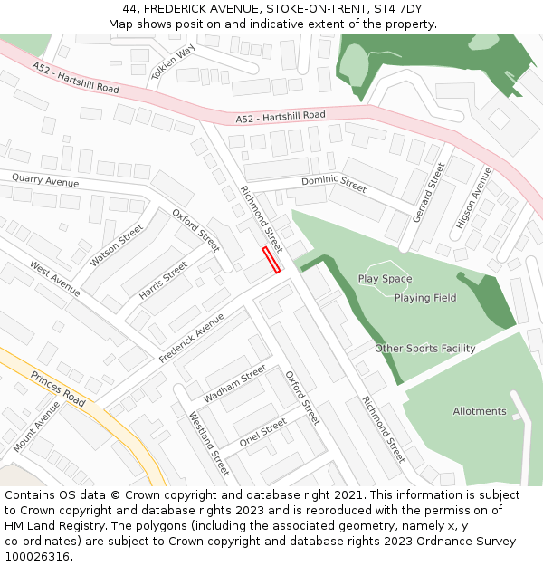 44, FREDERICK AVENUE, STOKE-ON-TRENT, ST4 7DY: Location map and indicative extent of plot