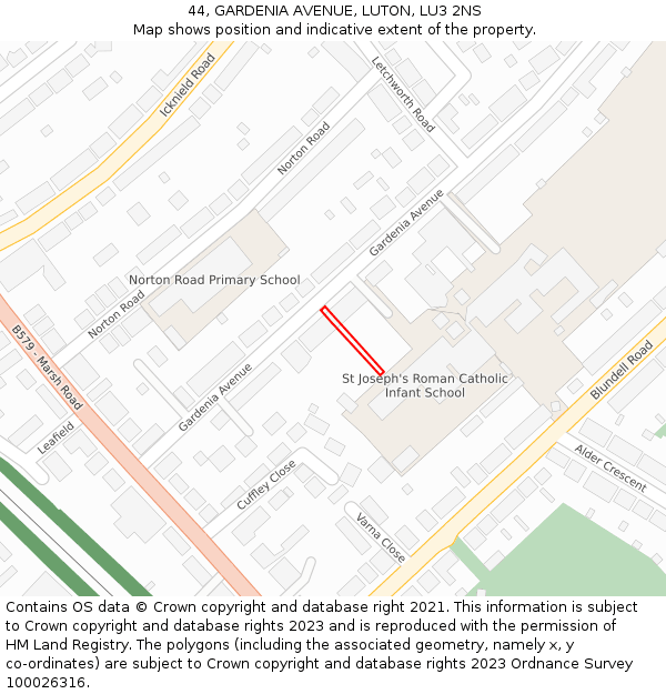 44, GARDENIA AVENUE, LUTON, LU3 2NS: Location map and indicative extent of plot
