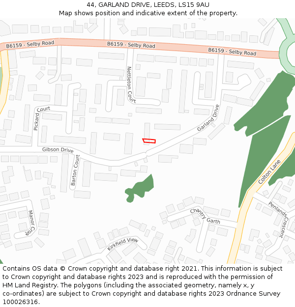 44, GARLAND DRIVE, LEEDS, LS15 9AU: Location map and indicative extent of plot