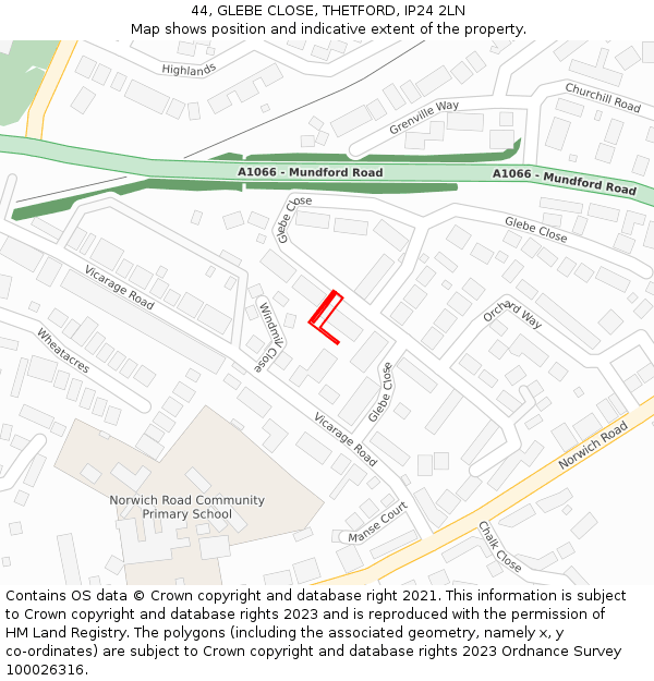 44, GLEBE CLOSE, THETFORD, IP24 2LN: Location map and indicative extent of plot