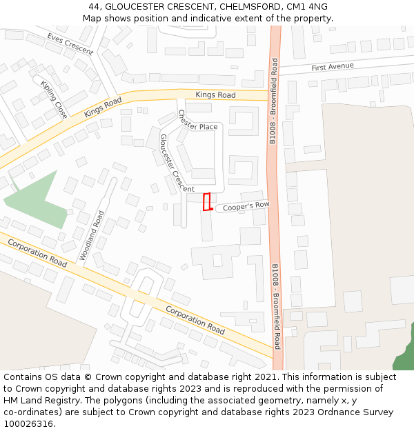 44, GLOUCESTER CRESCENT, CHELMSFORD, CM1 4NG: Location map and indicative extent of plot
