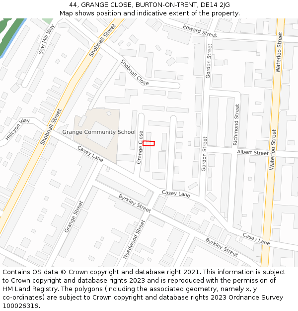 44, GRANGE CLOSE, BURTON-ON-TRENT, DE14 2JG: Location map and indicative extent of plot
