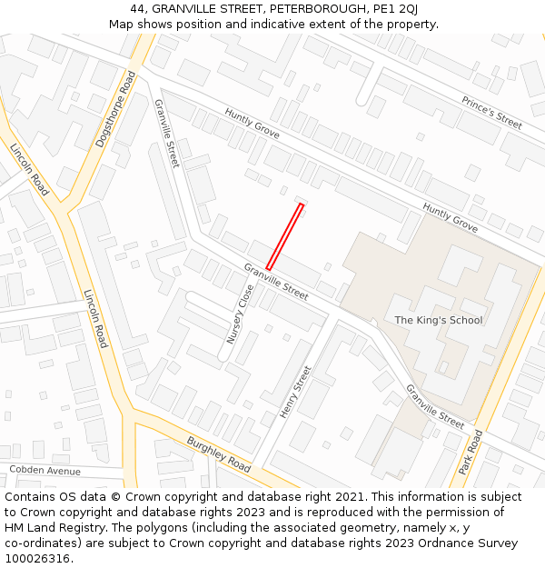 44, GRANVILLE STREET, PETERBOROUGH, PE1 2QJ: Location map and indicative extent of plot