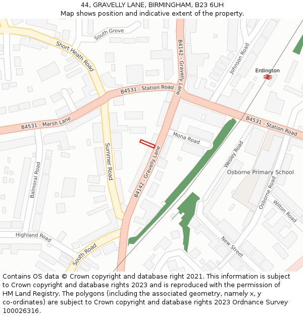 44, GRAVELLY LANE, BIRMINGHAM, B23 6UH: Location map and indicative extent of plot