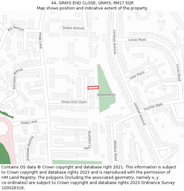 44, GRAYS END CLOSE, GRAYS, RM17 5QR: Location map and indicative extent of plot