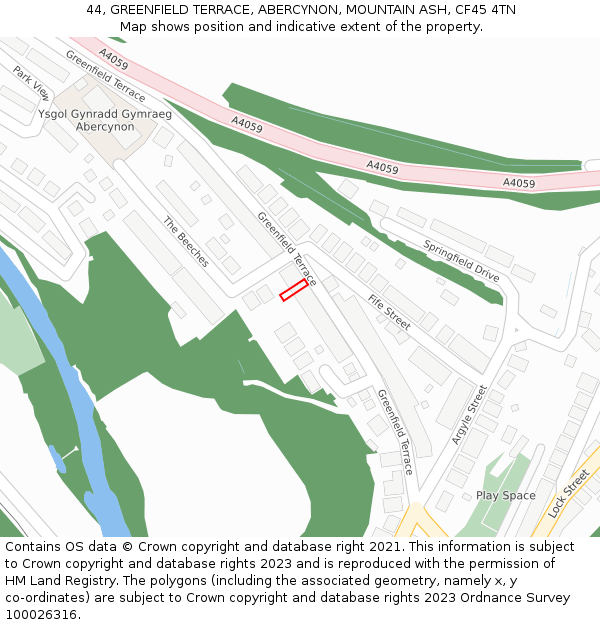 44, GREENFIELD TERRACE, ABERCYNON, MOUNTAIN ASH, CF45 4TN: Location map and indicative extent of plot