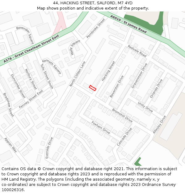 44, HACKING STREET, SALFORD, M7 4YD: Location map and indicative extent of plot