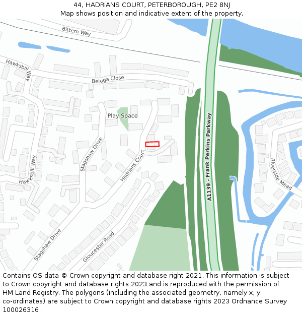 44, HADRIANS COURT, PETERBOROUGH, PE2 8NJ: Location map and indicative extent of plot