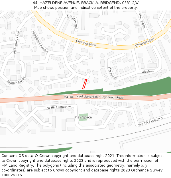 44, HAZELDENE AVENUE, BRACKLA, BRIDGEND, CF31 2JW: Location map and indicative extent of plot