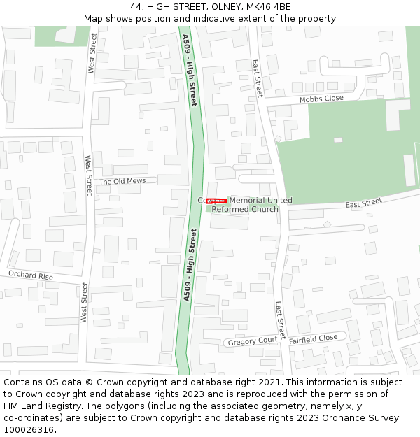 44, HIGH STREET, OLNEY, MK46 4BE: Location map and indicative extent of plot
