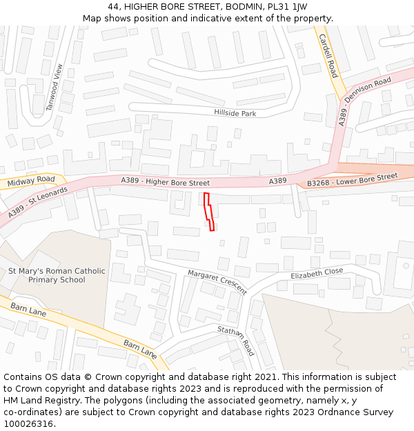 44, HIGHER BORE STREET, BODMIN, PL31 1JW: Location map and indicative extent of plot