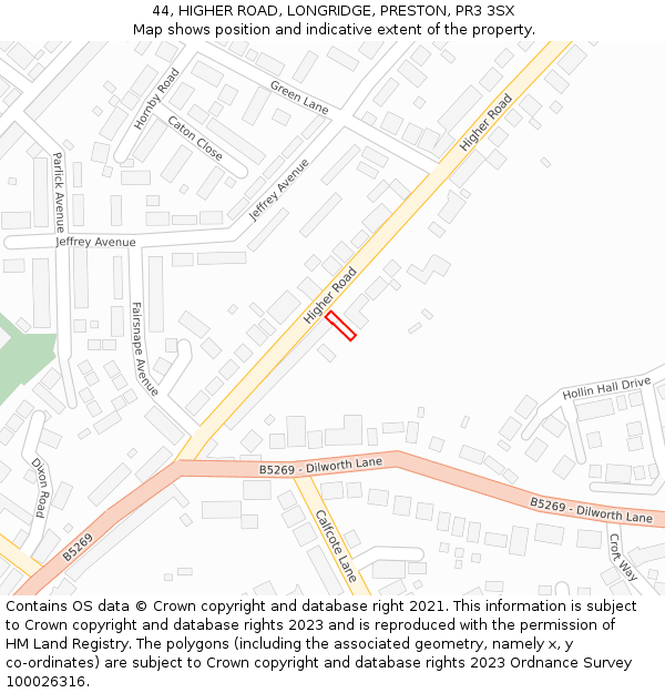 44, HIGHER ROAD, LONGRIDGE, PRESTON, PR3 3SX: Location map and indicative extent of plot