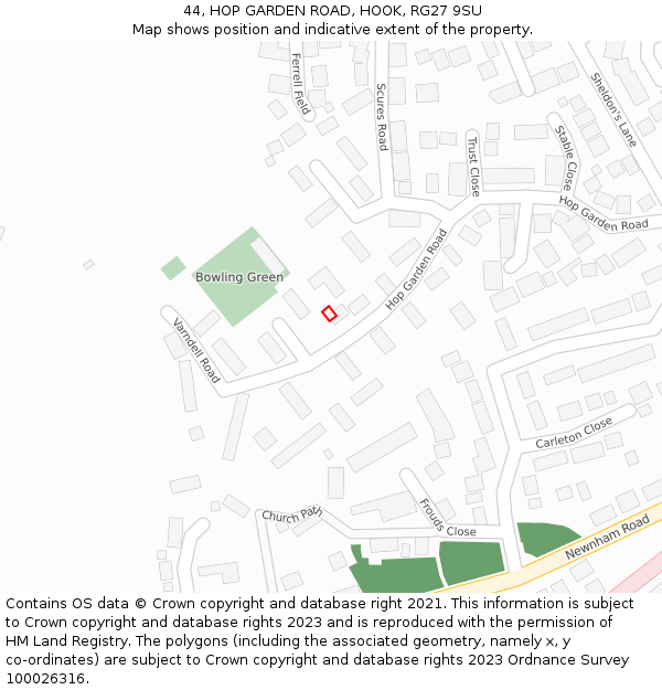 44, HOP GARDEN ROAD, HOOK, RG27 9SU: Location map and indicative extent of plot