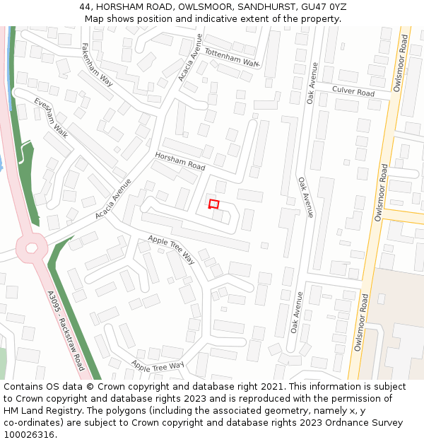 44, HORSHAM ROAD, OWLSMOOR, SANDHURST, GU47 0YZ: Location map and indicative extent of plot
