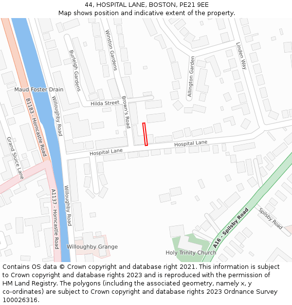 44, HOSPITAL LANE, BOSTON, PE21 9EE: Location map and indicative extent of plot