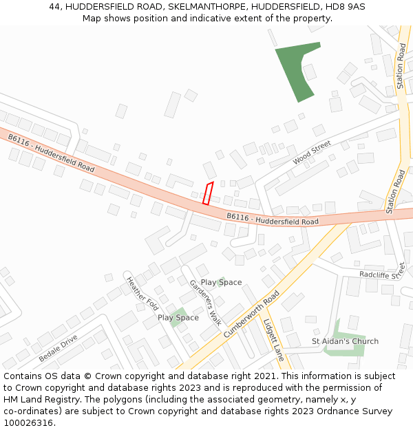 44, HUDDERSFIELD ROAD, SKELMANTHORPE, HUDDERSFIELD, HD8 9AS: Location map and indicative extent of plot