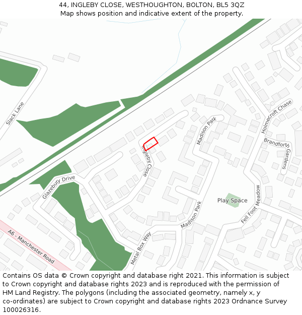44, INGLEBY CLOSE, WESTHOUGHTON, BOLTON, BL5 3QZ: Location map and indicative extent of plot