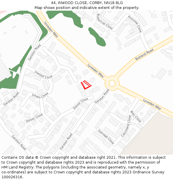 44, INWOOD CLOSE, CORBY, NN18 8LG: Location map and indicative extent of plot