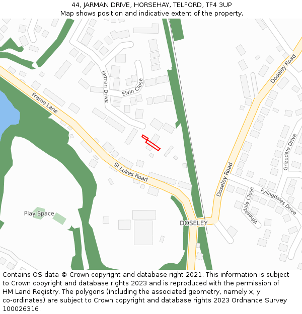 44, JARMAN DRIVE, HORSEHAY, TELFORD, TF4 3UP: Location map and indicative extent of plot