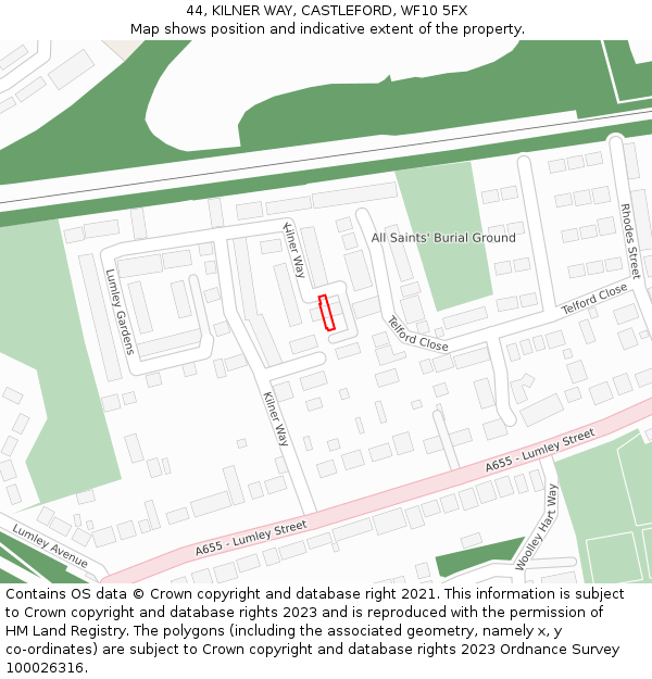 44, KILNER WAY, CASTLEFORD, WF10 5FX: Location map and indicative extent of plot