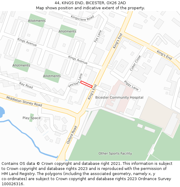 44, KINGS END, BICESTER, OX26 2AD: Location map and indicative extent of plot