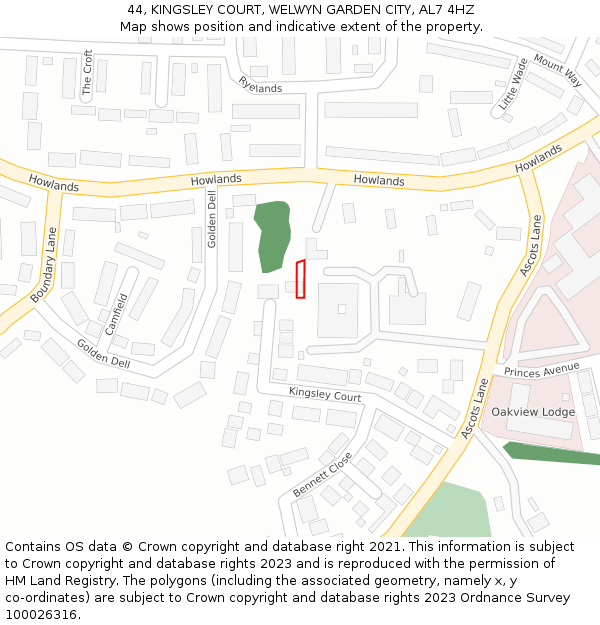 44, KINGSLEY COURT, WELWYN GARDEN CITY, AL7 4HZ: Location map and indicative extent of plot
