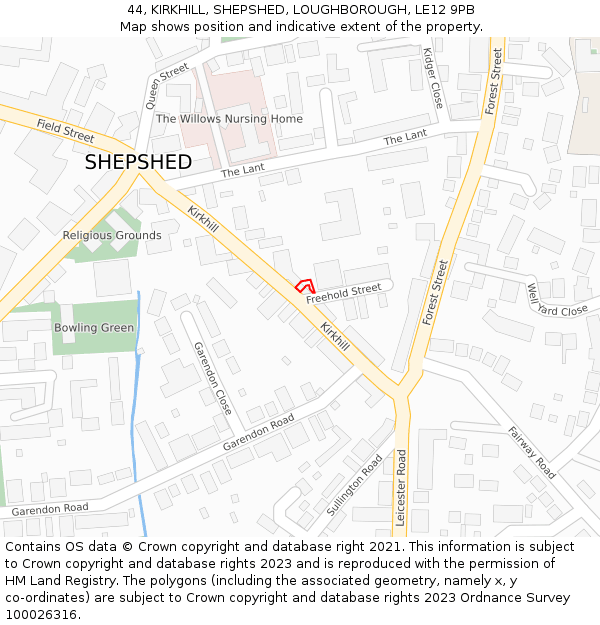 44, KIRKHILL, SHEPSHED, LOUGHBOROUGH, LE12 9PB: Location map and indicative extent of plot