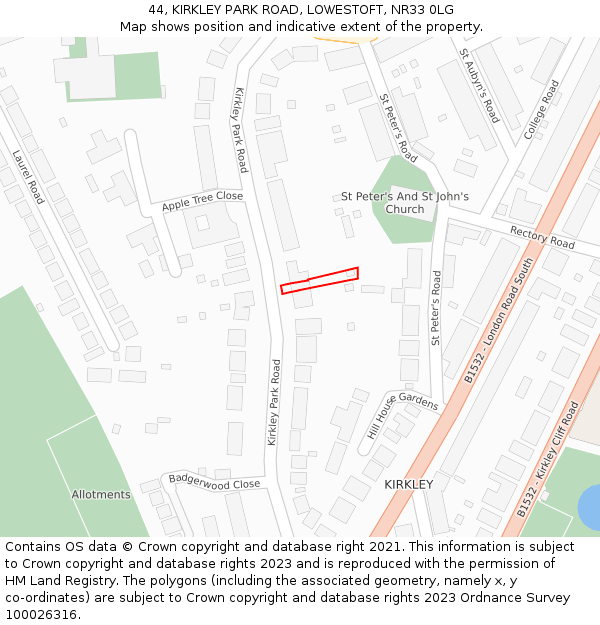 44, KIRKLEY PARK ROAD, LOWESTOFT, NR33 0LG: Location map and indicative extent of plot