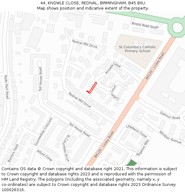 44, KNOWLE CLOSE, REDNAL, BIRMINGHAM, B45 8XU: Location map and indicative extent of plot
