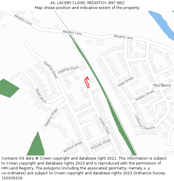 44, LACEBY CLOSE, REDDITCH, B97 6BZ: Location map and indicative extent of plot