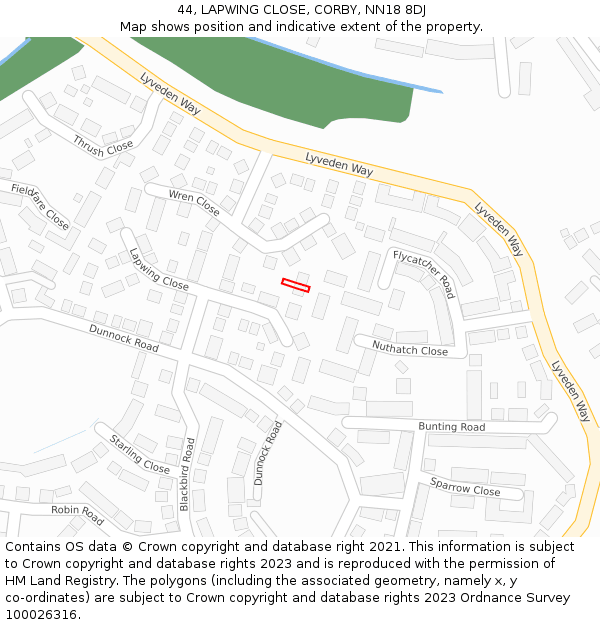 44, LAPWING CLOSE, CORBY, NN18 8DJ: Location map and indicative extent of plot